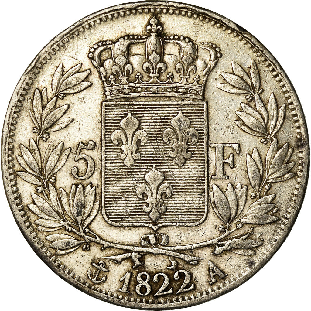 Moneta, Francia, Louis XVIII, Louis XVIII, 5 Francs, 1822, Paris, MB+, Argento