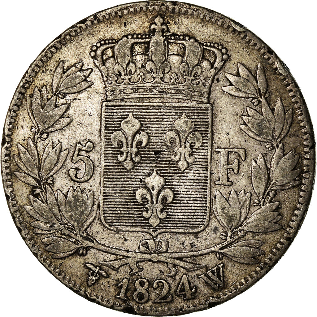 Moneda, Francia, Louis XVIII, 5 Francs, 1824, Lille, BC+, Plata, KM:711.13