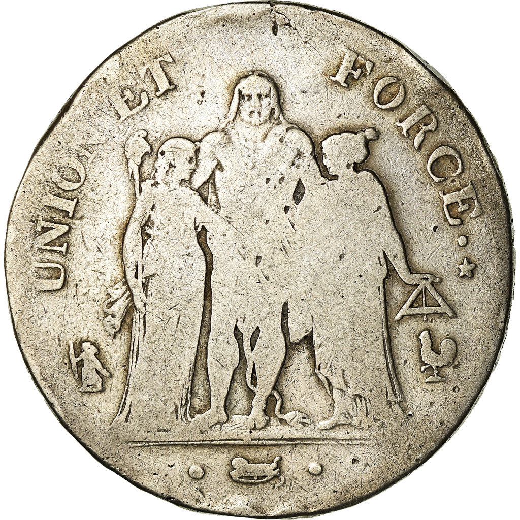 Moeda, França, Union et Force, 5 Francs, AN 6, Paris, VF(20-25), Prata