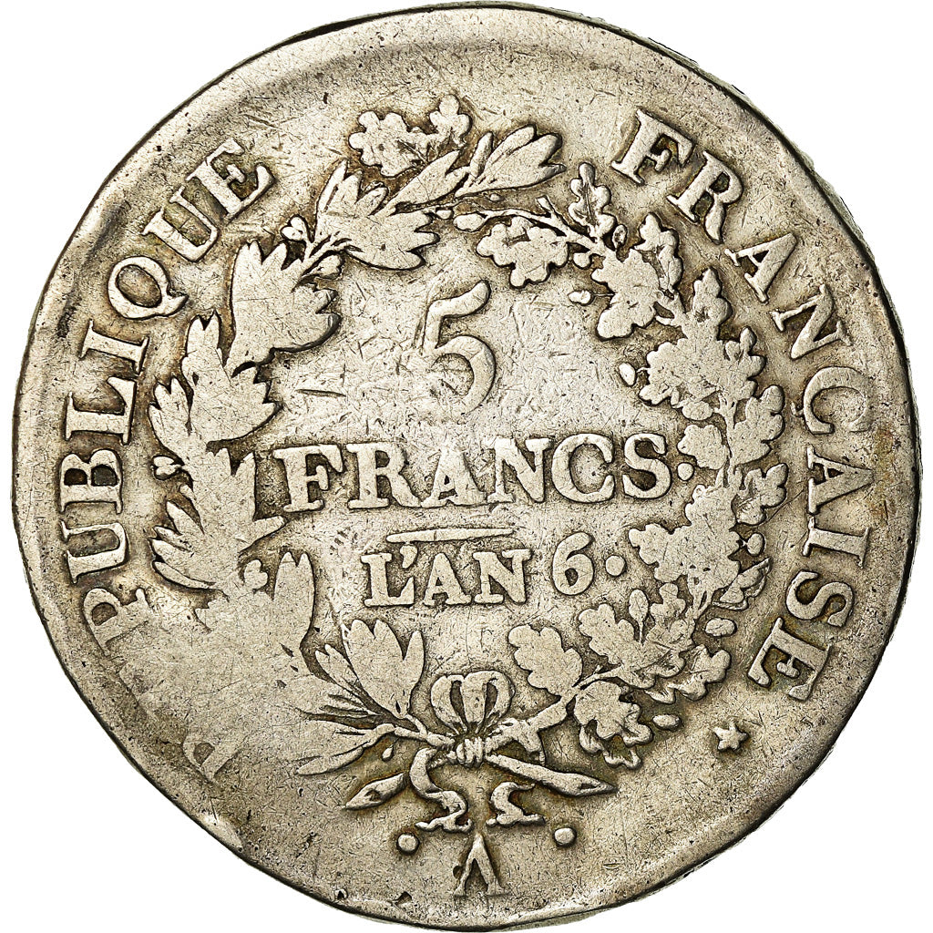 Moeda, França, Union et Force, 5 Francs, AN 6, Paris, VF(20-25), Prata