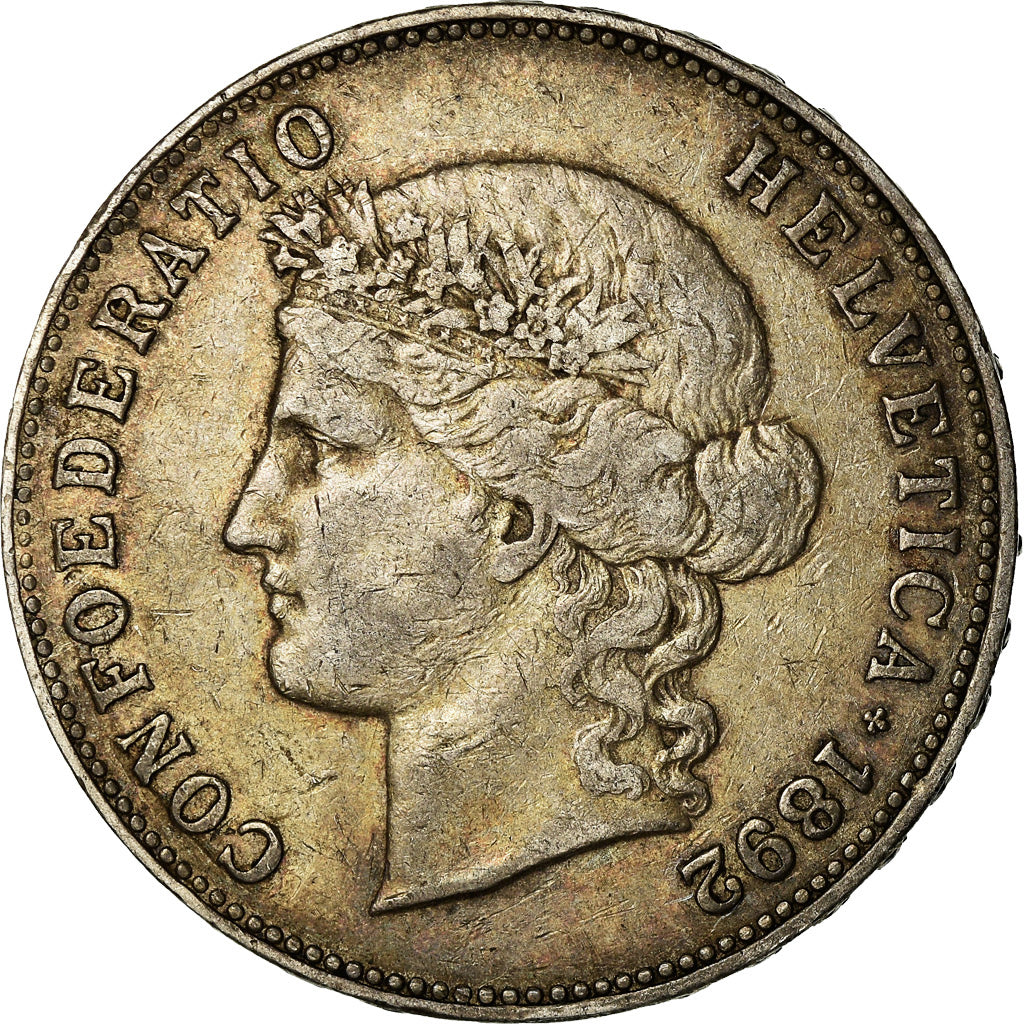 Coin, Switzerland, 5 Francs, 1892, Bern, EF(40-45), Silver, KM:34