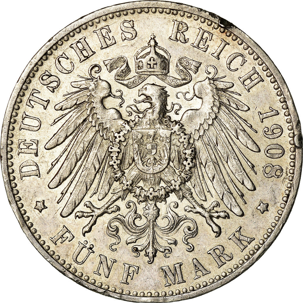 Coin, German States, WURTTEMBERG, Wilhelm II, 5 Mark, 1908, Freudenstadt