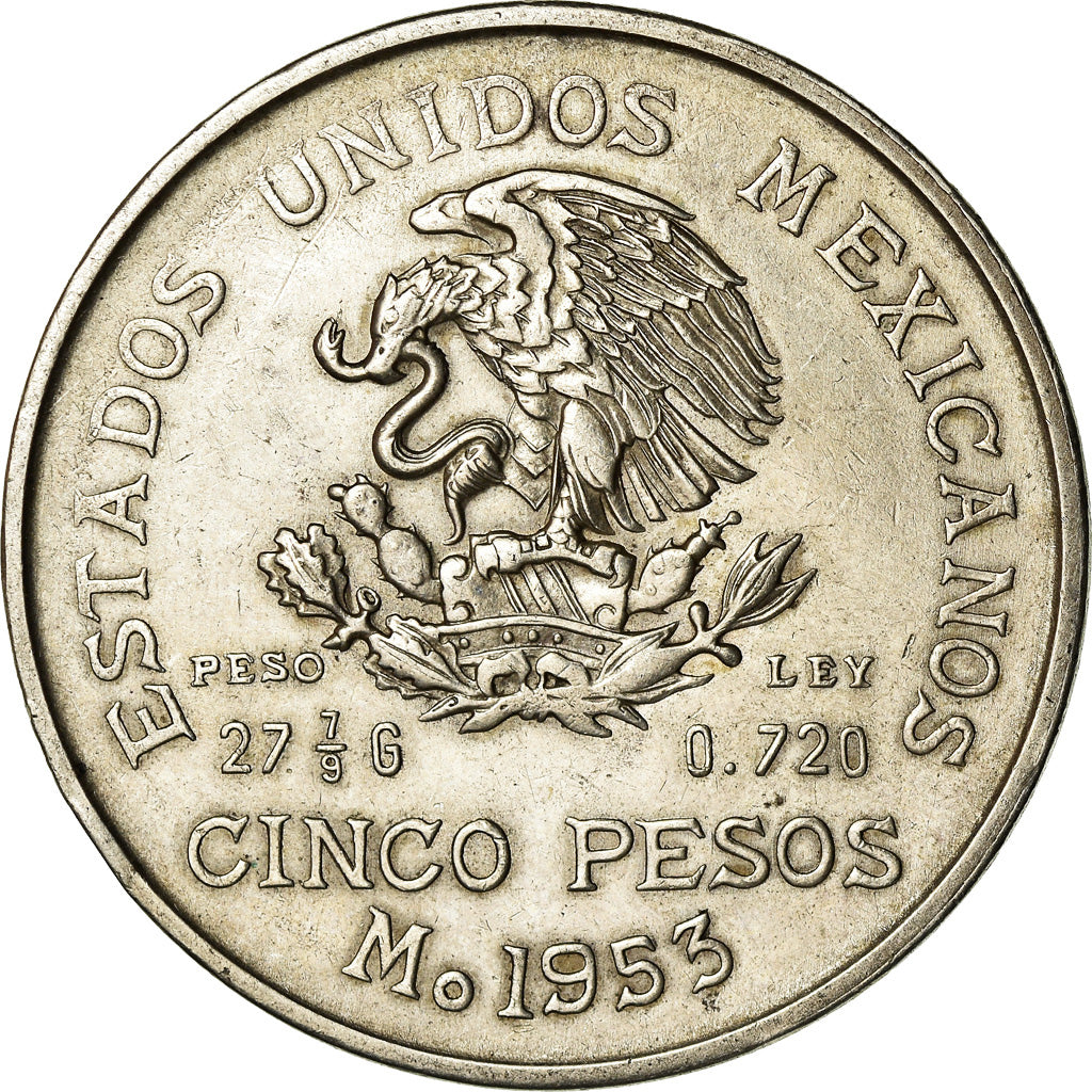 Coin, Mexico, 5 Pesos, 1953, Mexico City, EF(40-45), Silver, KM:467