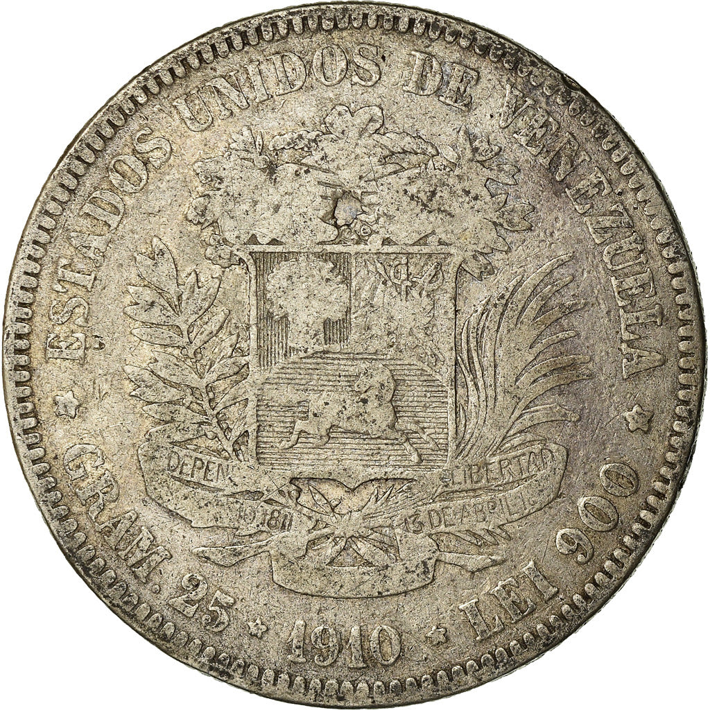 Coin, Venezuela, Gram 25, 5 Bolivares, 1910, VF(20-25), Silver, KM:24.2
