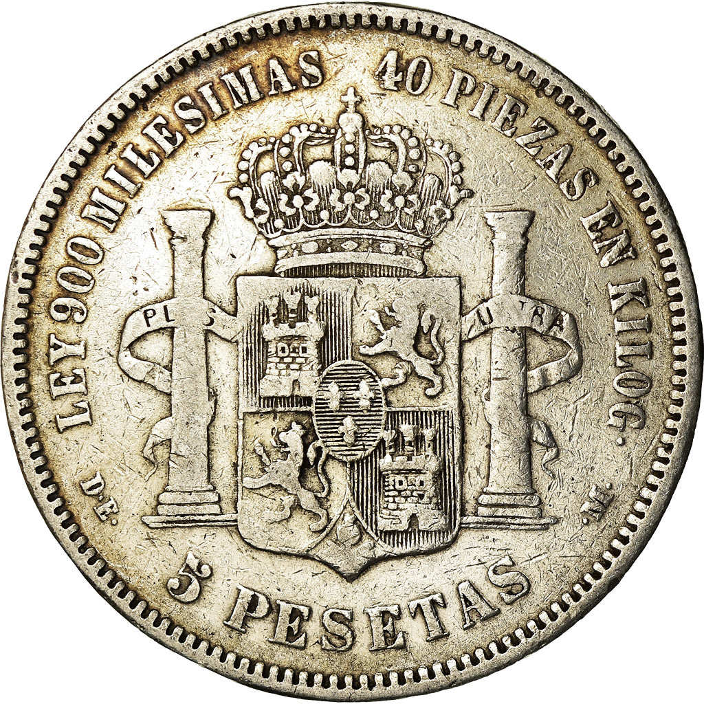 Moneda, España, Alfonso XII, 5 Pesetas, 1875, Madrid, BC+, Plata, KM:671