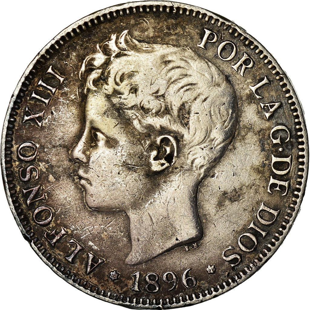 Coin, Spain, Alfonso XIII, 5 Pesetas, 1896, Valencia, VF(20-25), Silver, KM:707