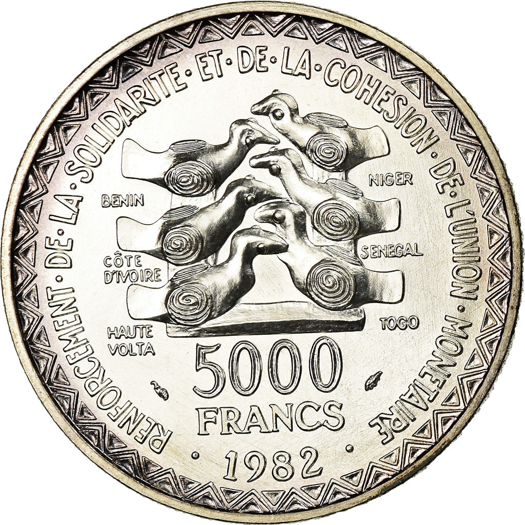 Coin, West African States, 5000 Francs, 1982, ESSAI, MS(60-62), Silver, KM:E13