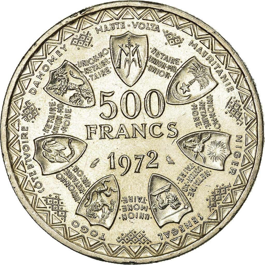 Coin, West African States, 500 Francs, 1972, MS(60-62), Silver, KM:7