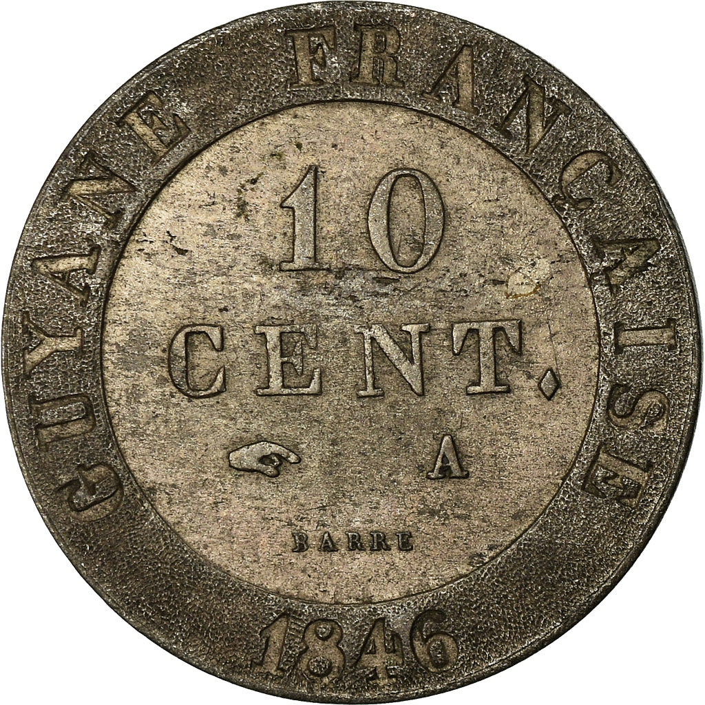 Coin, FRENCH GUIANA, 10 Centimes, 1846, Paris, EF(40-45), Billon, KM:A2