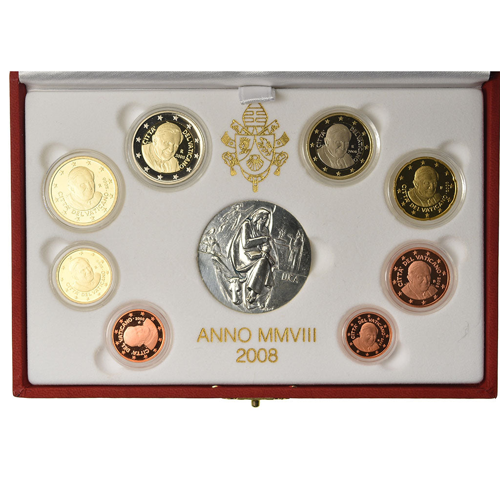Watykan, Pape Benoit XVI, Proof Set Euro, 2008, 1c à 2€ + Médaille argent
