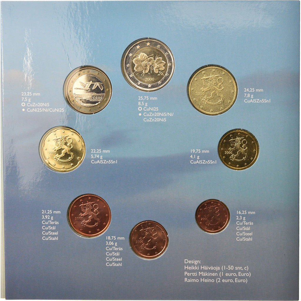 Finlândia, Set, 2000, 1c à 2€, MS(65-70), N/D