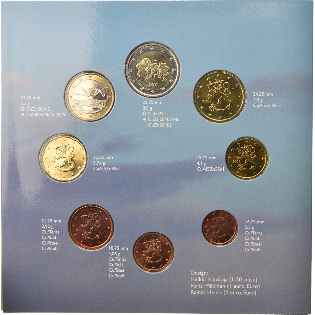 Finlândia, Set, 2001, 1c à 2€, MS(65-70), N/D
