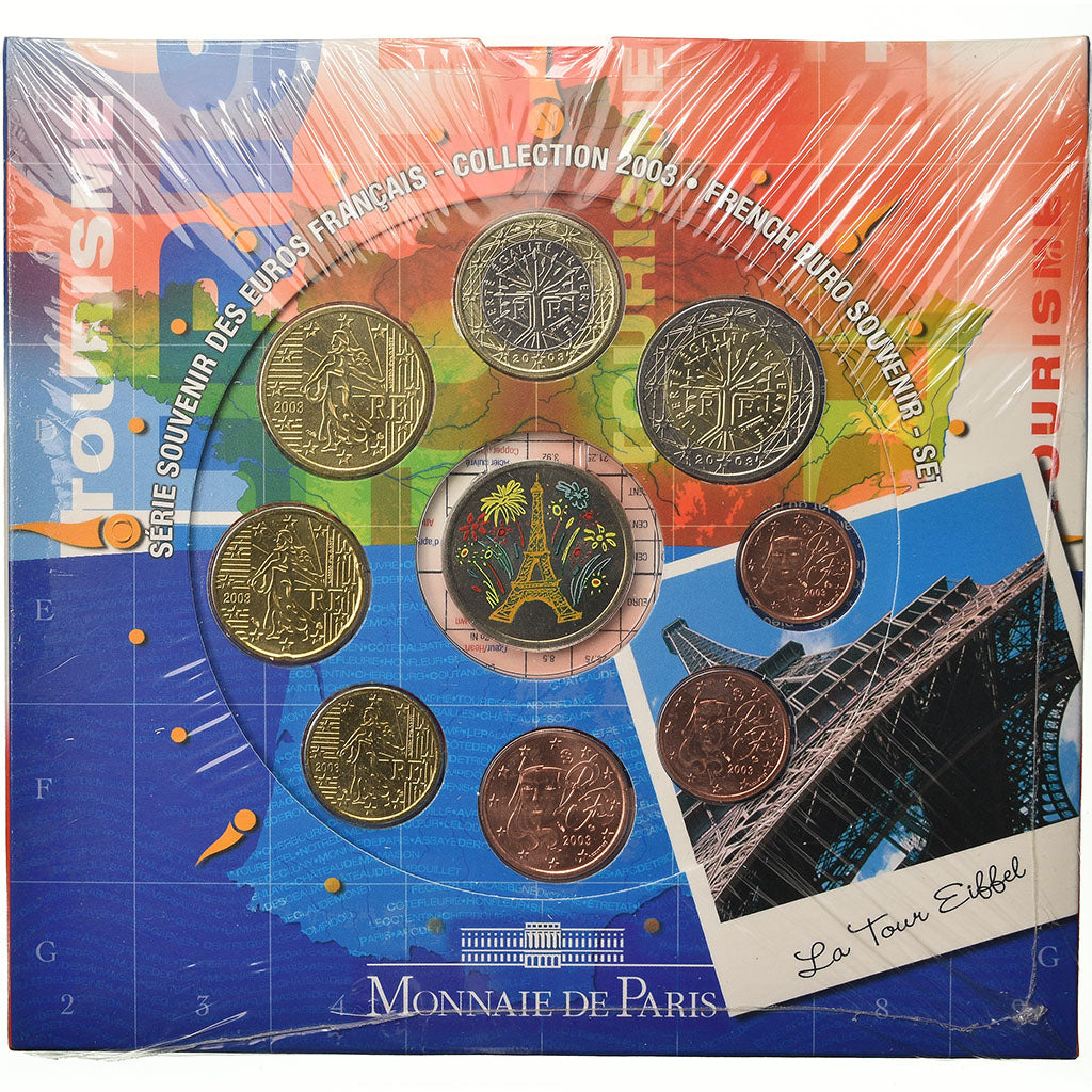 France, Coffret, La Tour Eiffel, 2003, 1c à 2€ + jeton, FDC