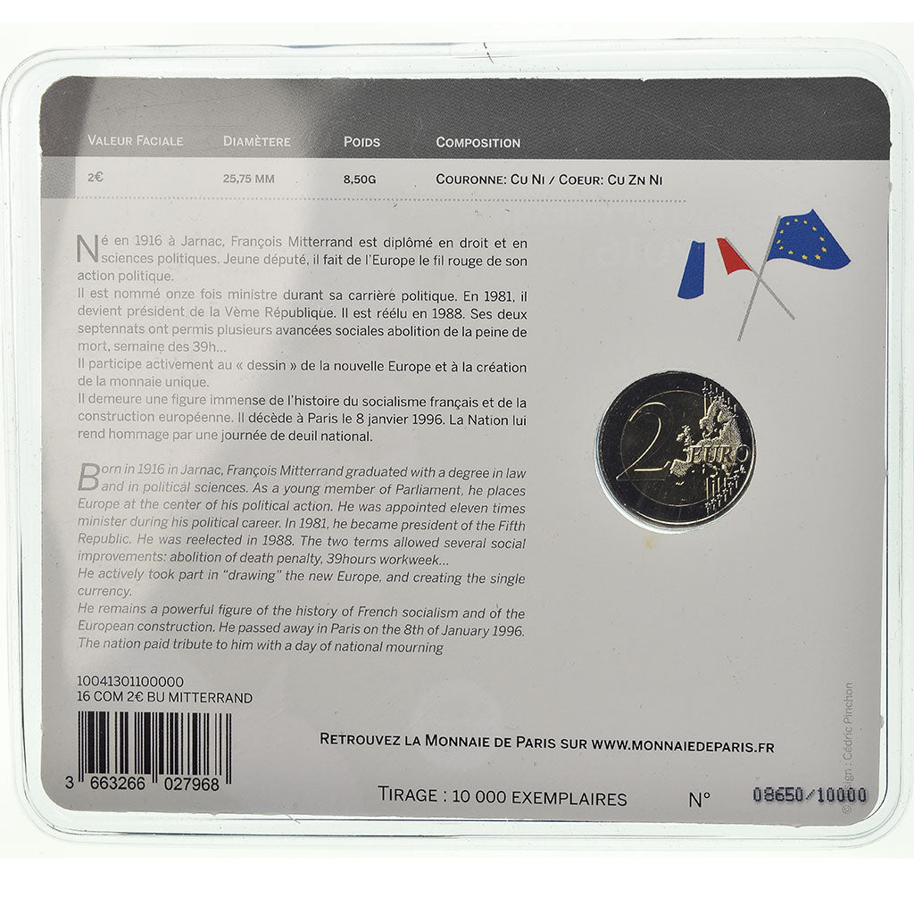 France, Monnaie de Paris, 2 Euro, François Mitterrand, 2016, BU, MS(65-70)