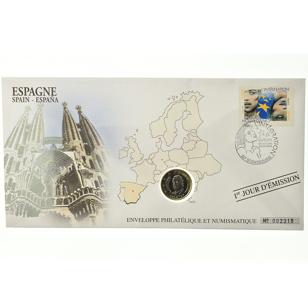 Spain, 1 Euro, 2002, Enveloppe philatélique numismatique, MS(63), Bi-Metallic