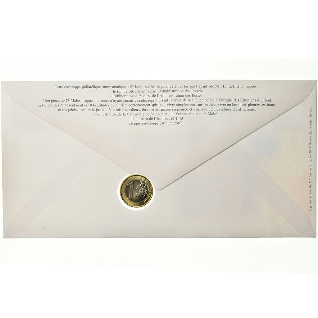 Malta, 1 Euro, 2008, Enveloppe philatélique numismatique, UNZ, Bi-Metallic