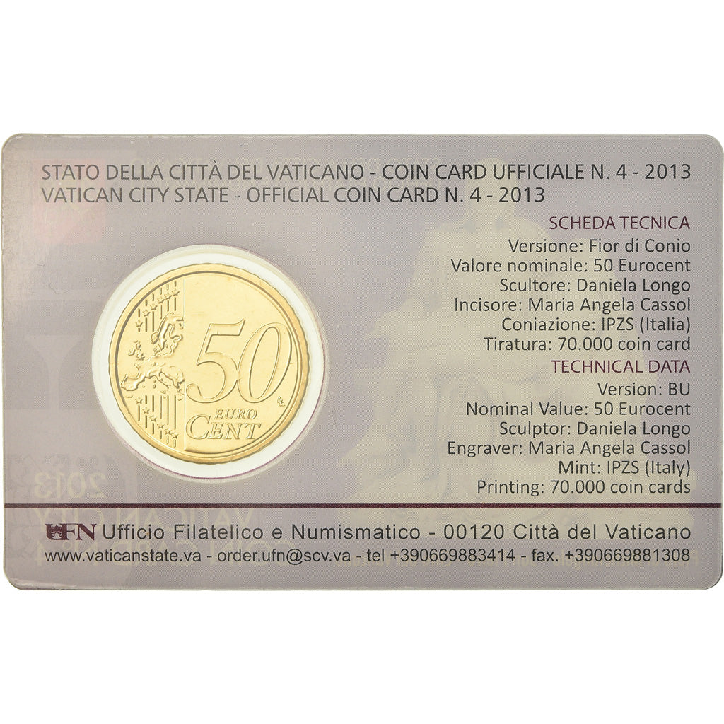 VATICAN CITY, 50 Euro Cent, 2013, Coin card, MS(65-70), Brass