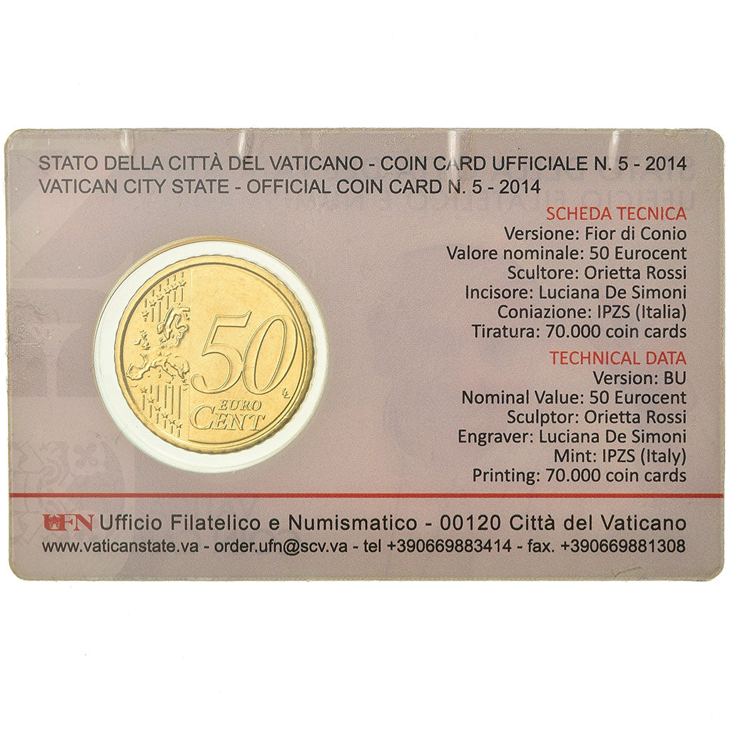 VATICAN CITY, 50 Euro Cent, 2014, Coin card, MS(65-70), Brass