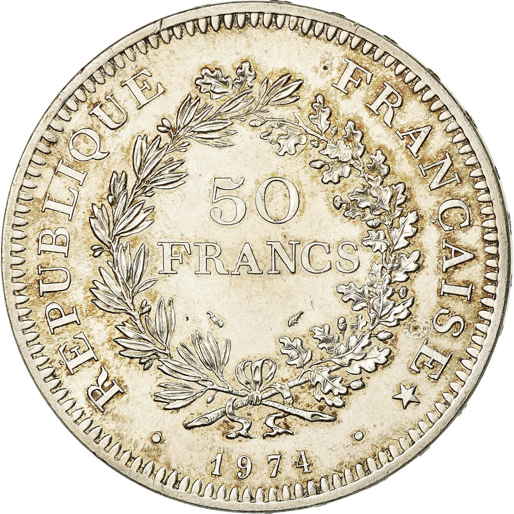 Moeda, França, Hercule, 50 Francs, 1974, Avers 20 francs, AU(55-58), Prata