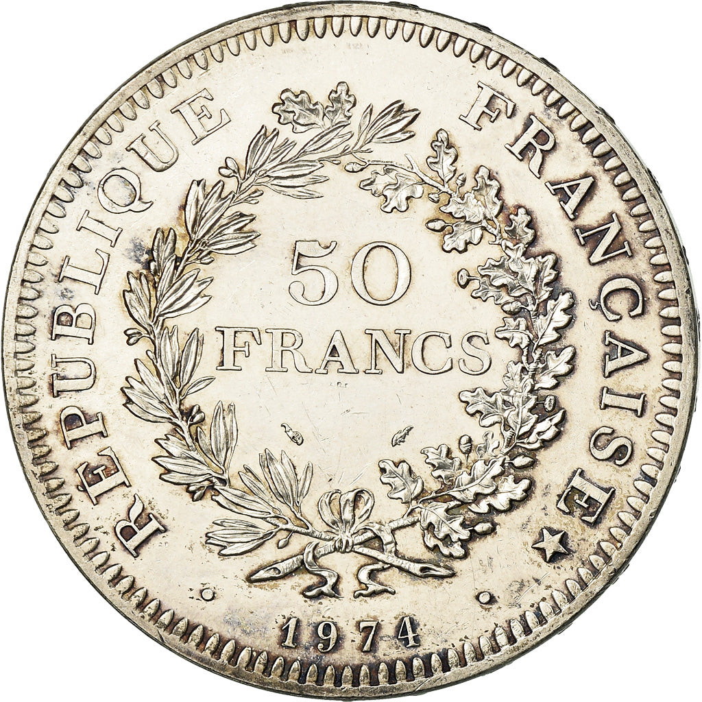 Moeda, França, Hercule, 50 Francs, 1974, Avers 20 francs, AU(55-58), Prata