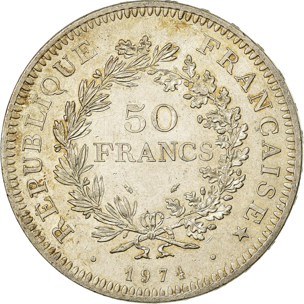 Moeda, França, Hercule, 50 Francs, 1974, Avers 20 francs, AU(50-53), Prata