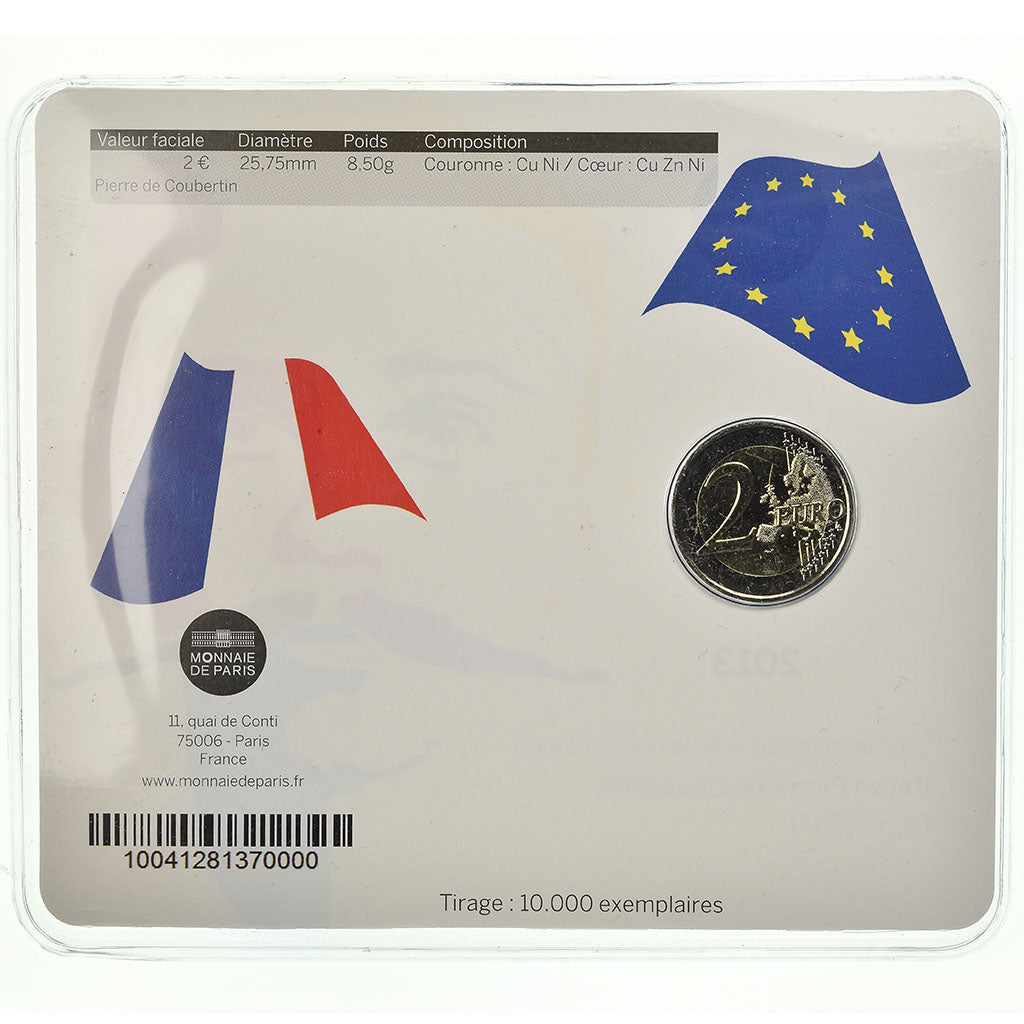 France, 2 Euro, Pierre de Coubertin, 2013, BU, MS(65-70), Bi-Metallic
