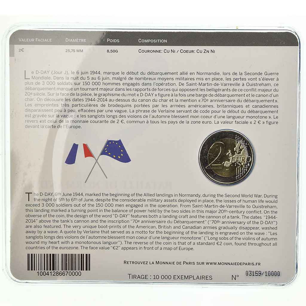 France, 2 Euro, Bataille de Normandie - DDAY, 2014, BU, MS(65-70), Bi-Metallic