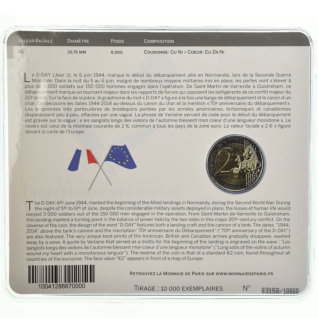 France, 2 Euro, Bataille de Normandie - DDAY, 2014, BU, MS(65-70), Bi-Metallic