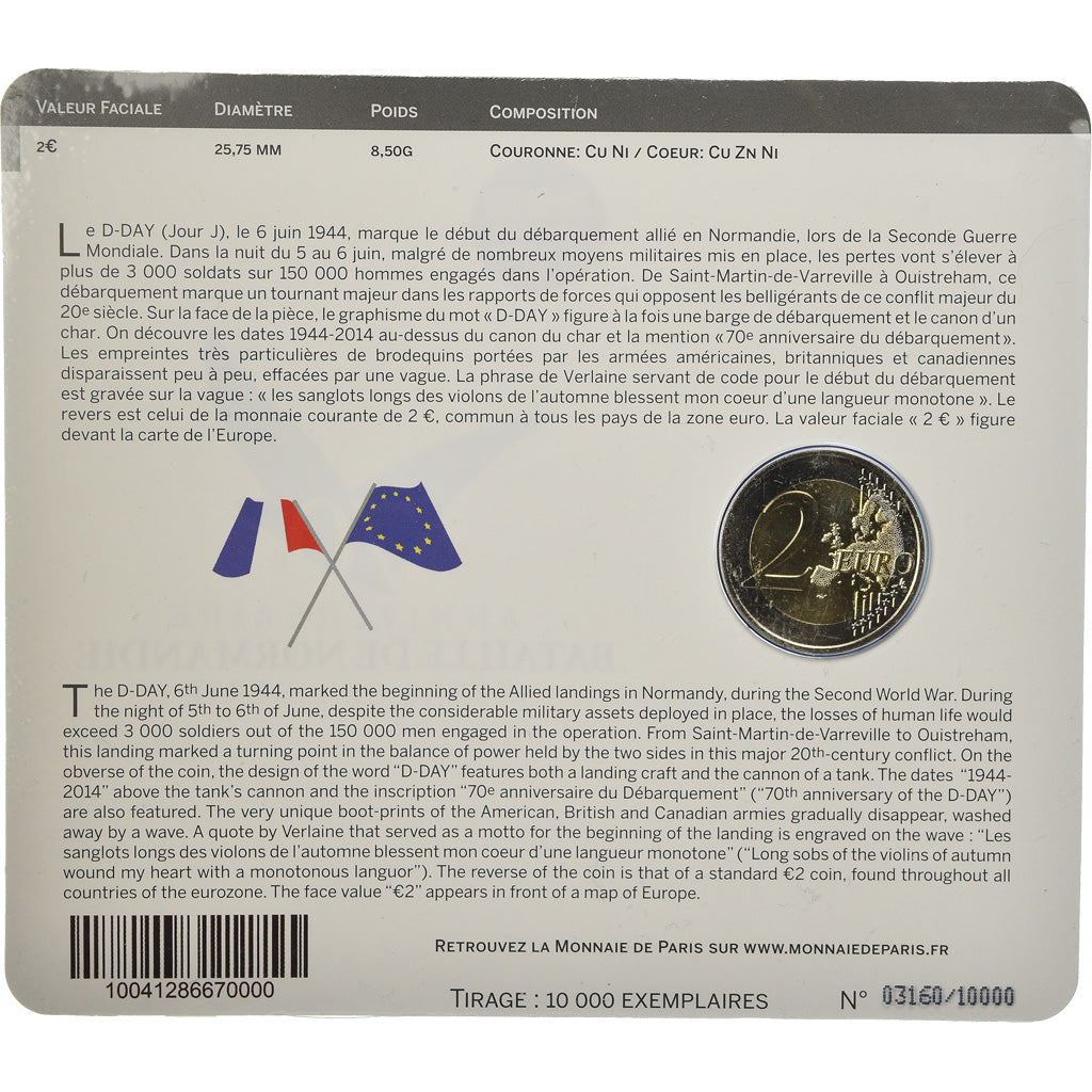 France, 2 Euro, Bataille de Normandie - DDAY, 2014, BU, MS(65-70), Bi-Metallic