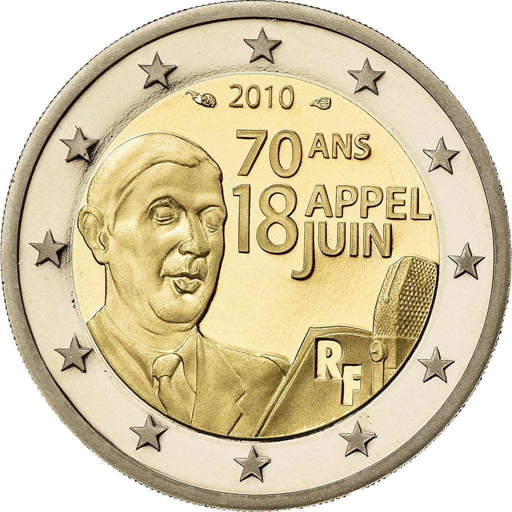 France, 2 Euro, Charles De Gaulle, Appel du 18 juin 1940, 2010, BE, MS(65-70)