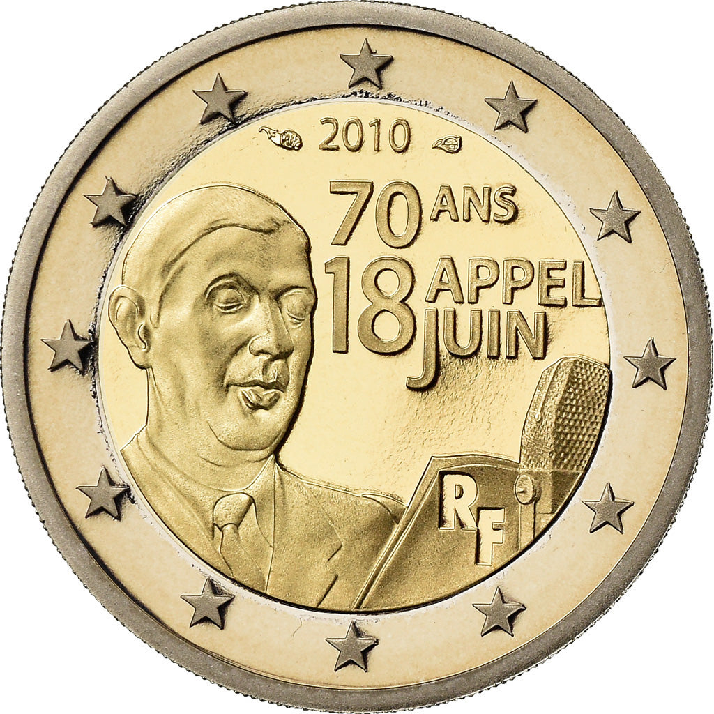 France, 2 Euro, Charles De Gaulle, Appel du 18 juin 1940, 2010, BE, FDC