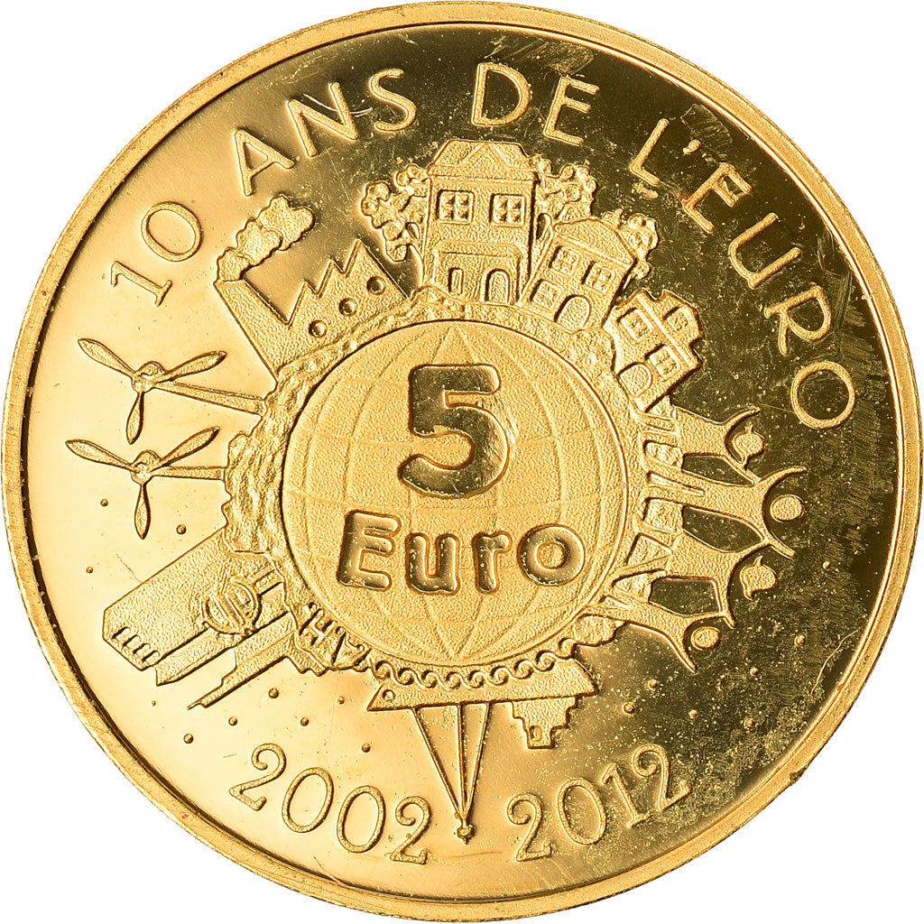 France, 5 Euro, 10 ans de l'Euro, 2012, MS(65-70), Gold