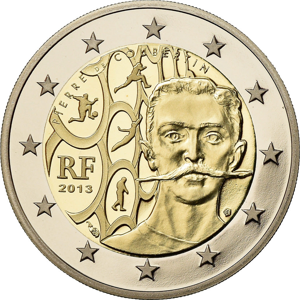 France, 2 Euro, Pierre de Coubertin, 2013, BE, MS(65-70), Bi-Metallic