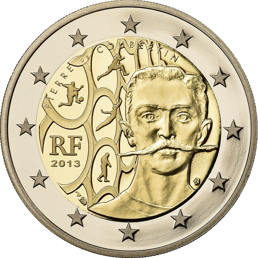 France, 2 Euro, Pierre de Coubertin, 2013, BE, MS(65-70), Bi-Metallic