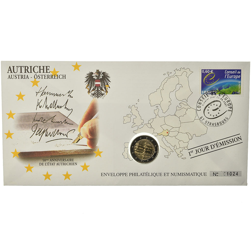 Austria, 2 Euro, 2005, Enveloppe philatélique numismatique, MS(63), Bi-Metallic
