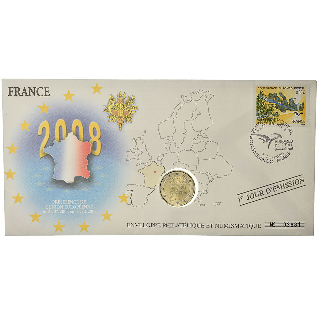 France, 2 Euro, 2008, Enveloppe philatélique numismatique, MS(63), Bi-Metallic