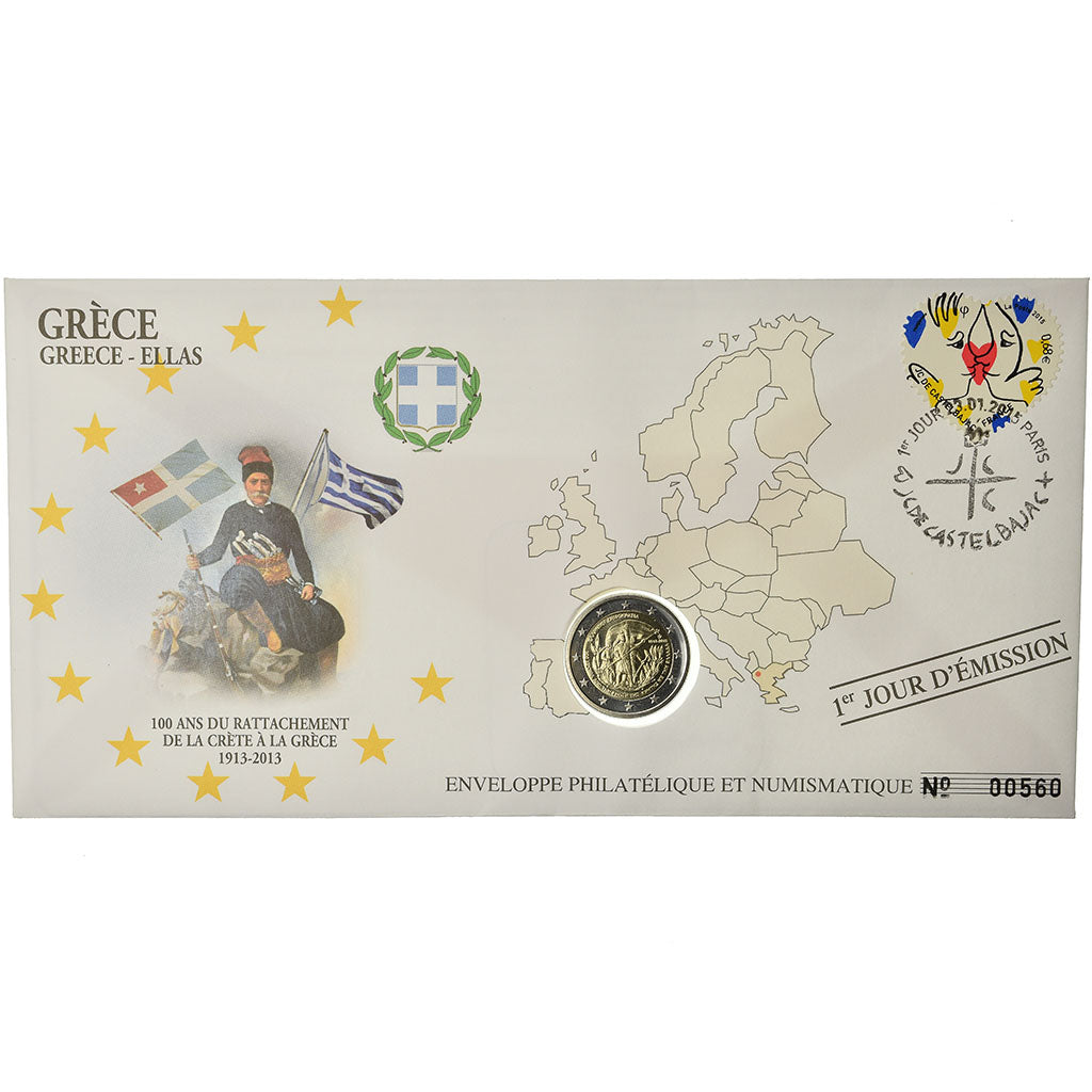 Greece, 2 Euro, 2013, Enveloppe philatélique numismatique, MS(63), Bi-Metallic