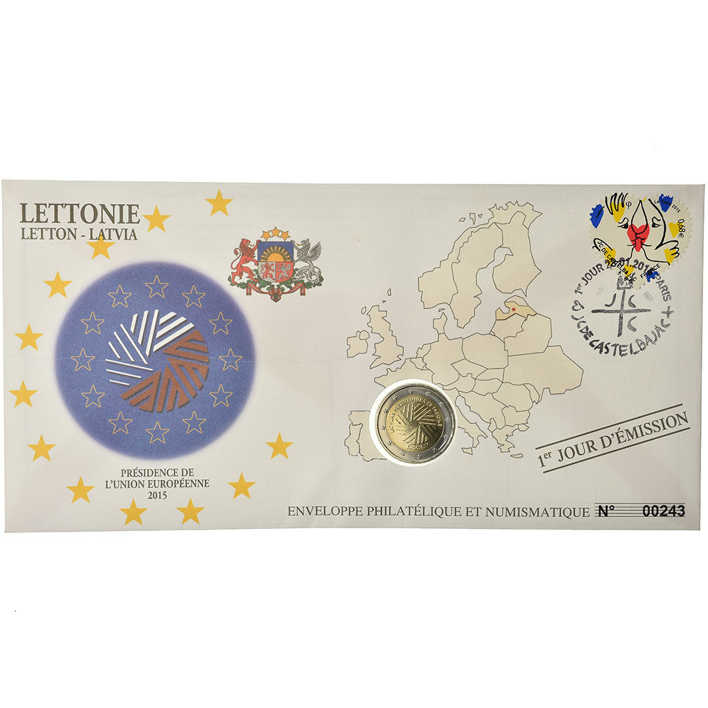 Letonia, 2 Euro, 2015, Enveloppe philatélique numismatique, SC, Bimetálico