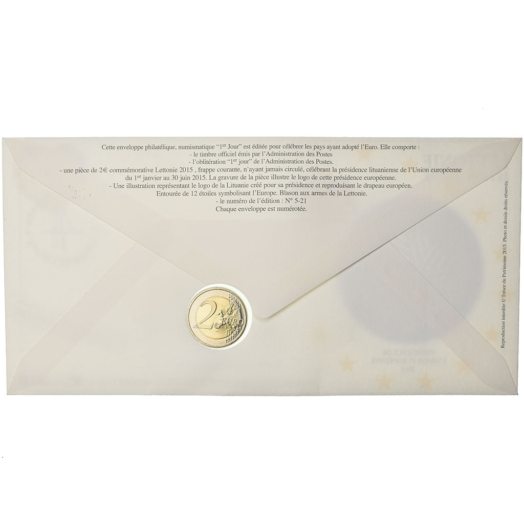 Letonia, 2 Euro, 2015, Enveloppe philatélique numismatique, SC, Bimetálico
