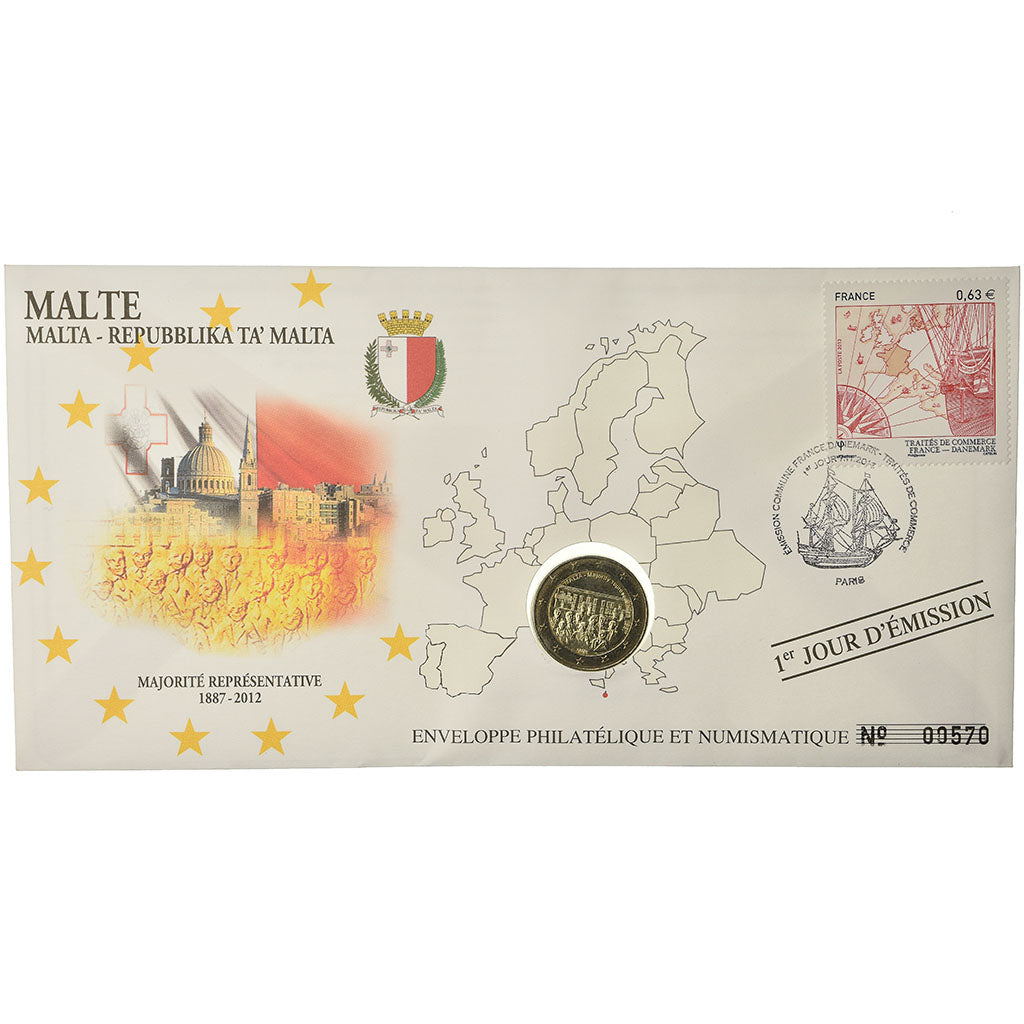 Malta, 2 Euro, 2012, Enveloppe philatélique numismatique, MS(63), Bi-Metallic