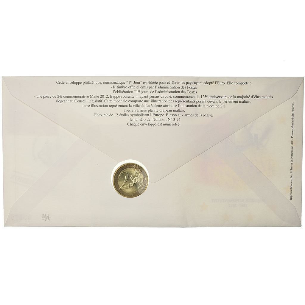 Malta, 2 Euro, 2012, Enveloppe philatélique numismatique, MS(63), Bi-Metallic
