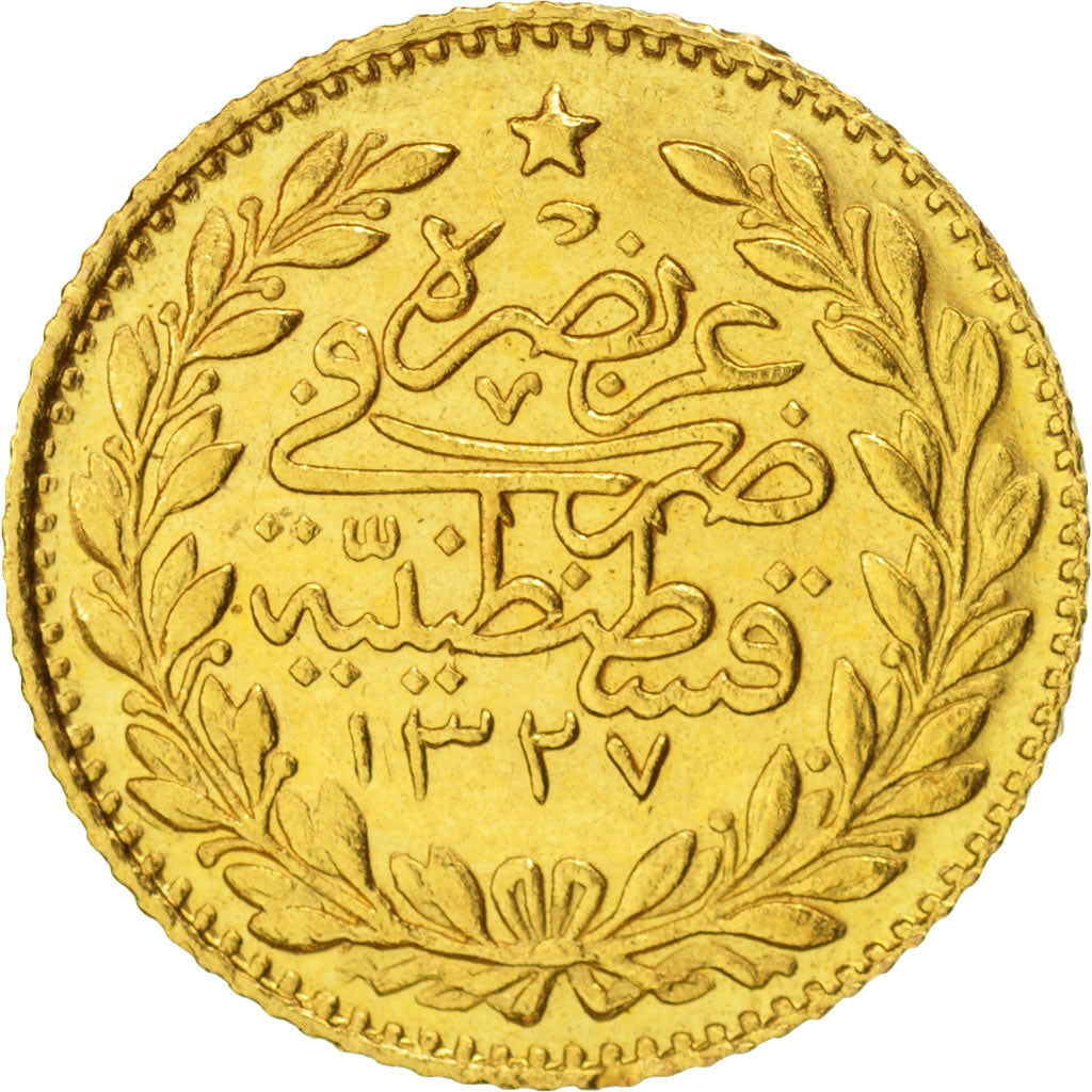 Türkei, Muhammad V, 25 Kurush, 1910, Qustantiniyah, VZ+, Gold, KM:752