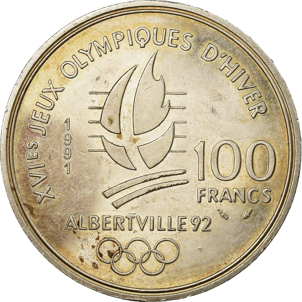 Moneta, Francia, Cross-country skier, 100 Francs, 1991, BB, Argento, KM:994
