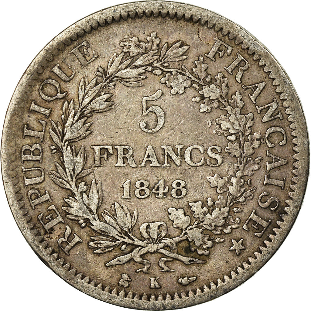 Moneta, Francia, Hercule, 5 Francs, 1848, Bordeaux, MB+, Argento, KM:756.4