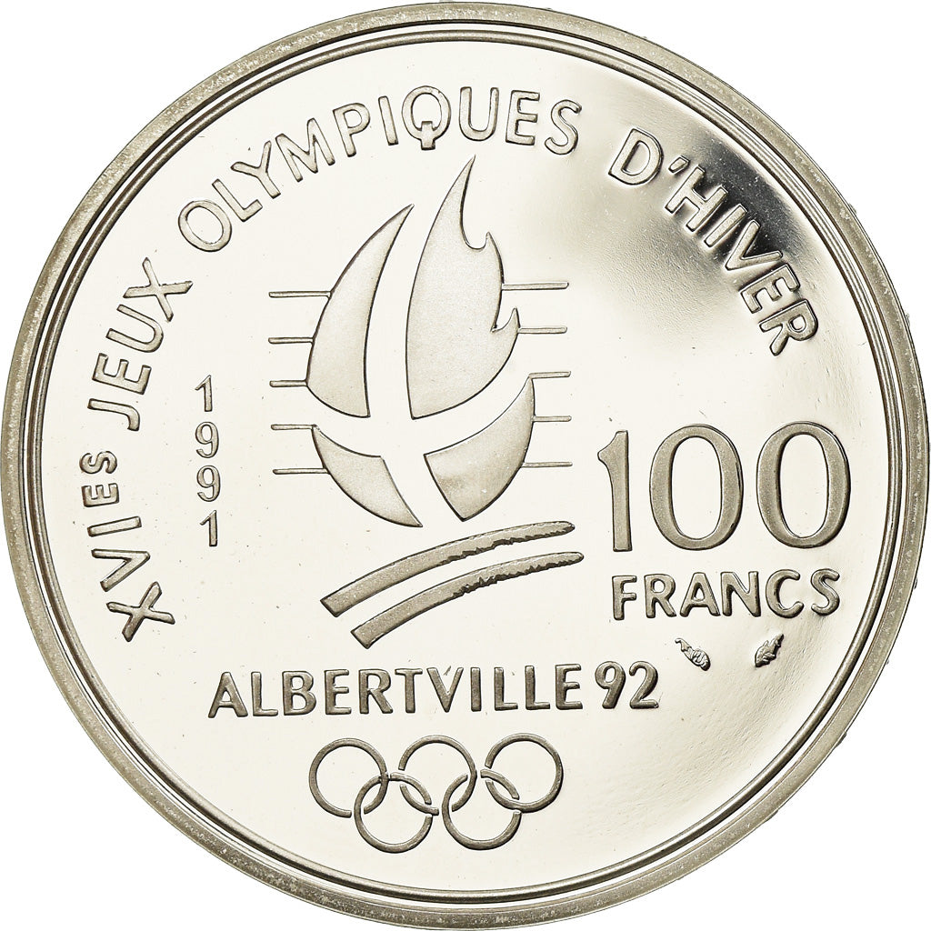 Monnaie, France, Saut à Ski, 100 Francs, 1991, Albertville 92, SPL, Argent