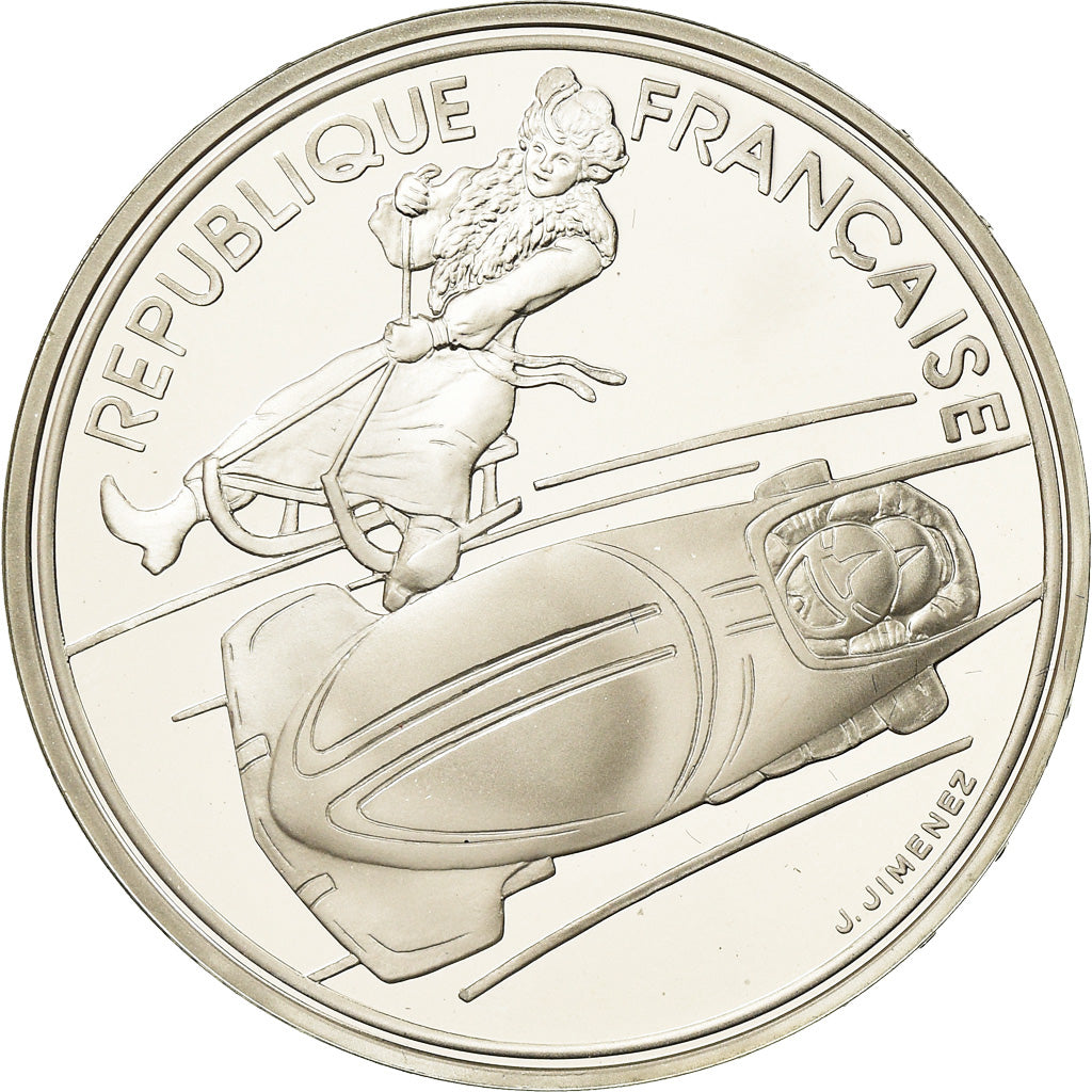 Coin, France, Bobsledding, 100 Francs, 1990, Albertville 92, MS(65-70), Silver