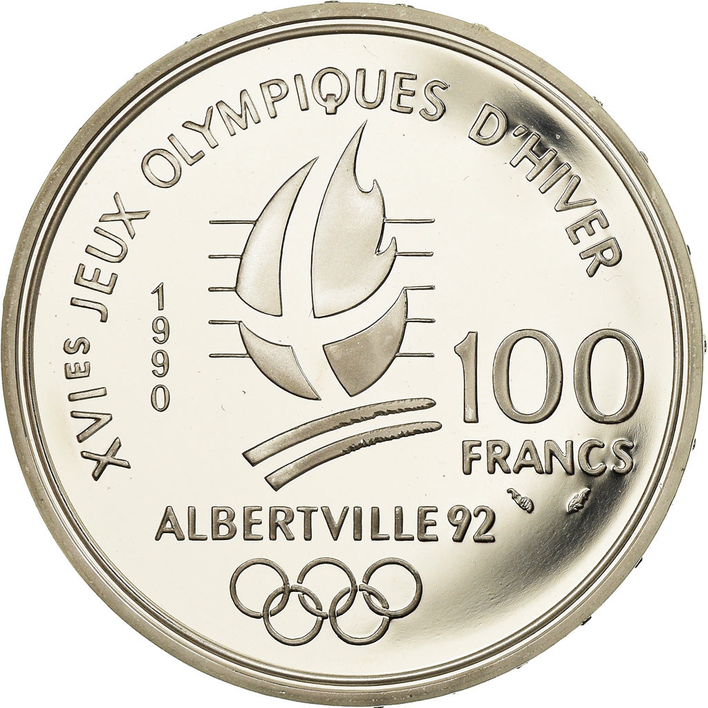 Coin, France, Bobsledding, 100 Francs, 1990, Albertville 92, MS(65-70), Silver