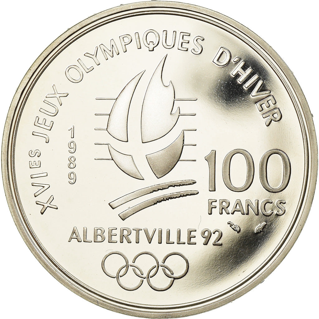Monnaie, France, Ski alpin, 100 Francs, 1989, Albertville 92, FDC, Argent