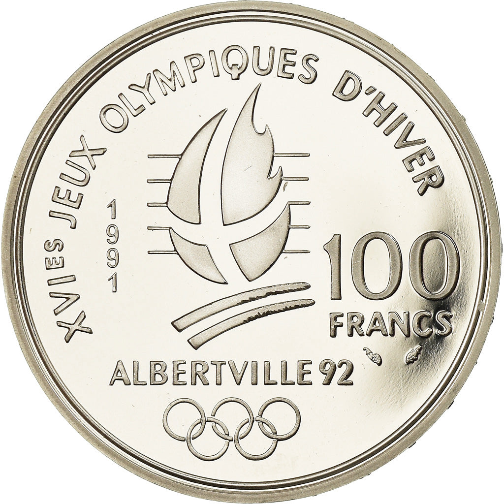 Moneda, Francia, Hockey players, 100 Francs, 1991, Albertville 92, FDC, Plata