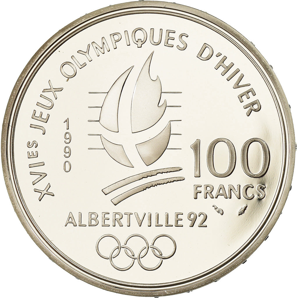 Coin, France, Bobsledding, 100 Francs, 1990, Albertville 92, MS(65-70), Silver